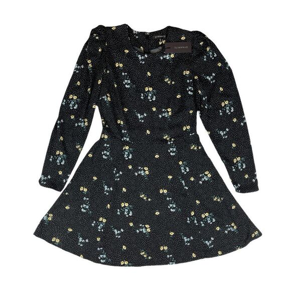 NWT Dynamite Crew Neck Flare Dress Long Sleeved Black Floral Women's Size Small - Picture 2 of 9